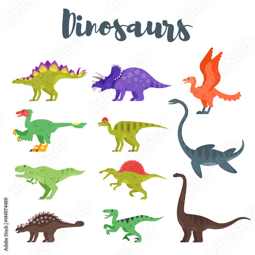 Vector flat style set of colorful prehistoric dinosaurs.