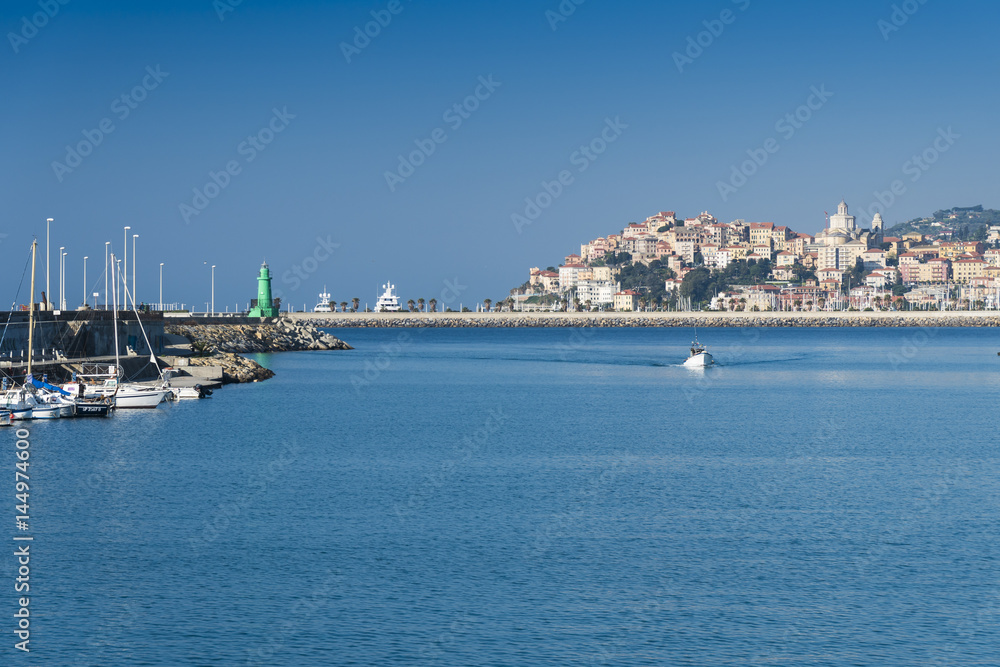 Naklejka premium Porto Maurizio, the old town of Imperia, Italy, shot from Oneglia harbor