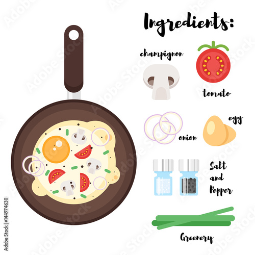 Vector flat style illustration of frying pan with scrambled eggs.