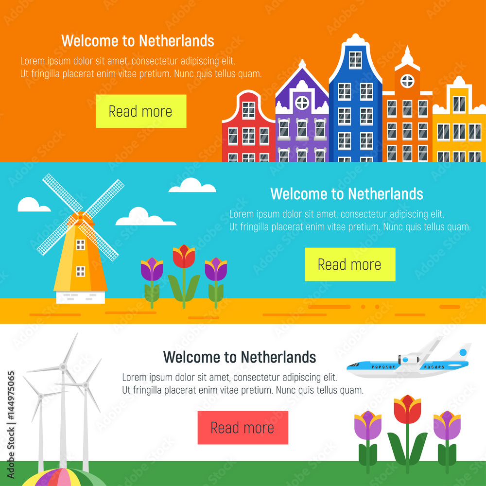 Vector flat style set of Welcome to Netherlands template for web banner or poster