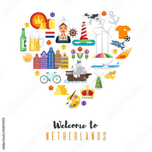 Vector flat style heart shape composition of Netherlands national cultural symbols.