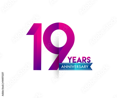 nineteen years anniversary celebration logotype colorful design with blue ribbon, 19th birthday logo on white background