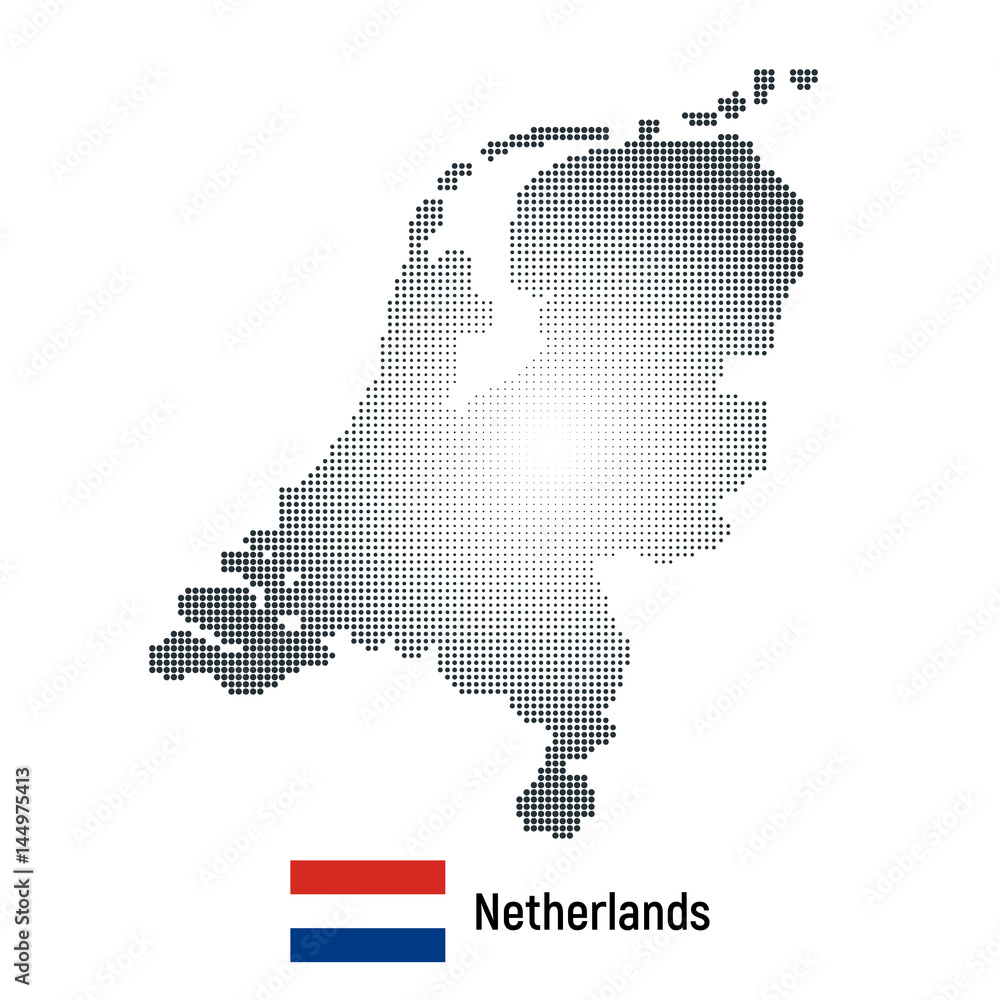 Vector abstract halftone illustration of Netherlands map with national flag.