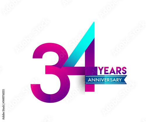 thirty four years anniversary celebration logotype colorful design with blue ribbon, 34th birthday logo on white background photo