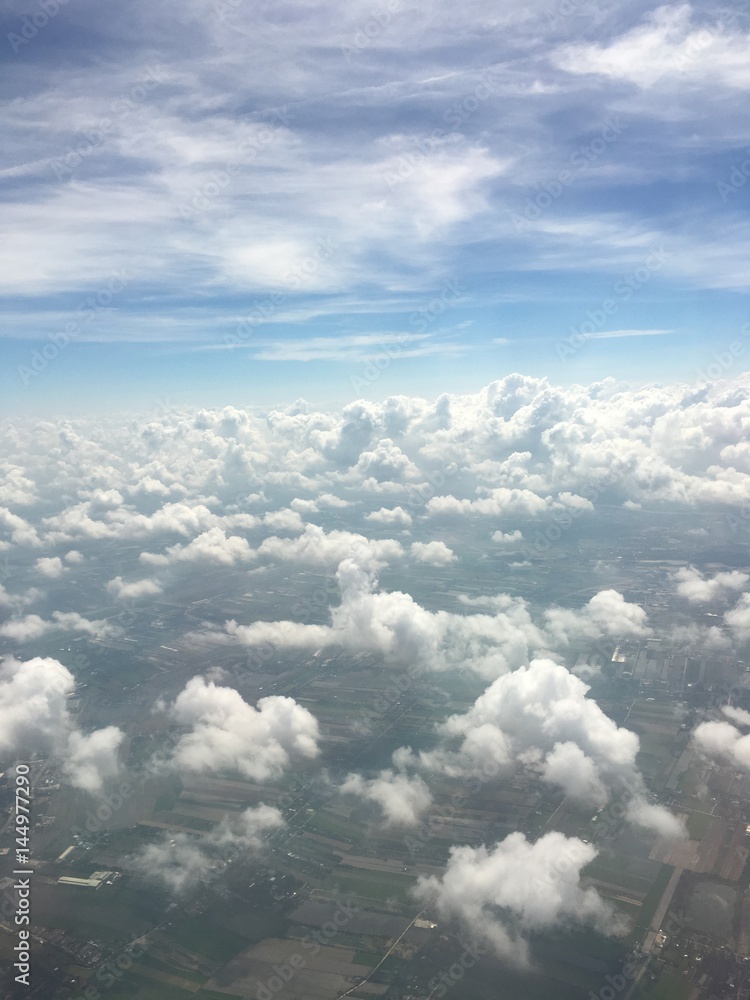 sky, clouds, cloud, blue, cloudscape, nature, white, high, air, aerial, cloudy, view, fly, above, day, landscape, cumulus, heaven, backgrounds, beauty