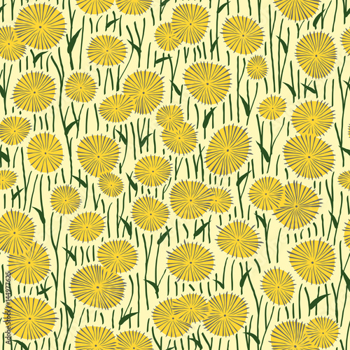 Seamless pattern of drawings of dandelion flowers.