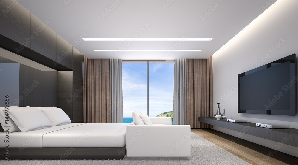 Elegant hotel room suite with king bed and other furniture , 3d rendering