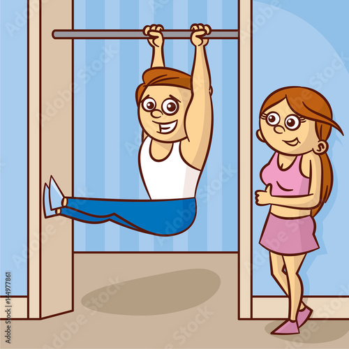 Young man and woman are engaged in fitness. Pull-up