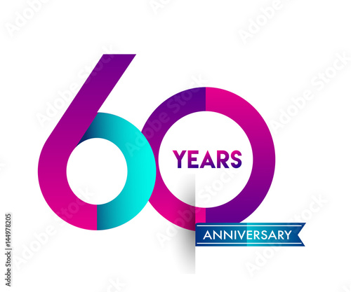 sixty years anniversary celebration logotype colorful design with blue ribbon, 60th birthday logo on white background