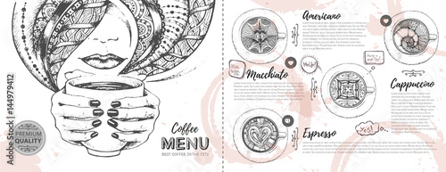 Coffee menu design. Decorative sketch of cup of coffee or tea