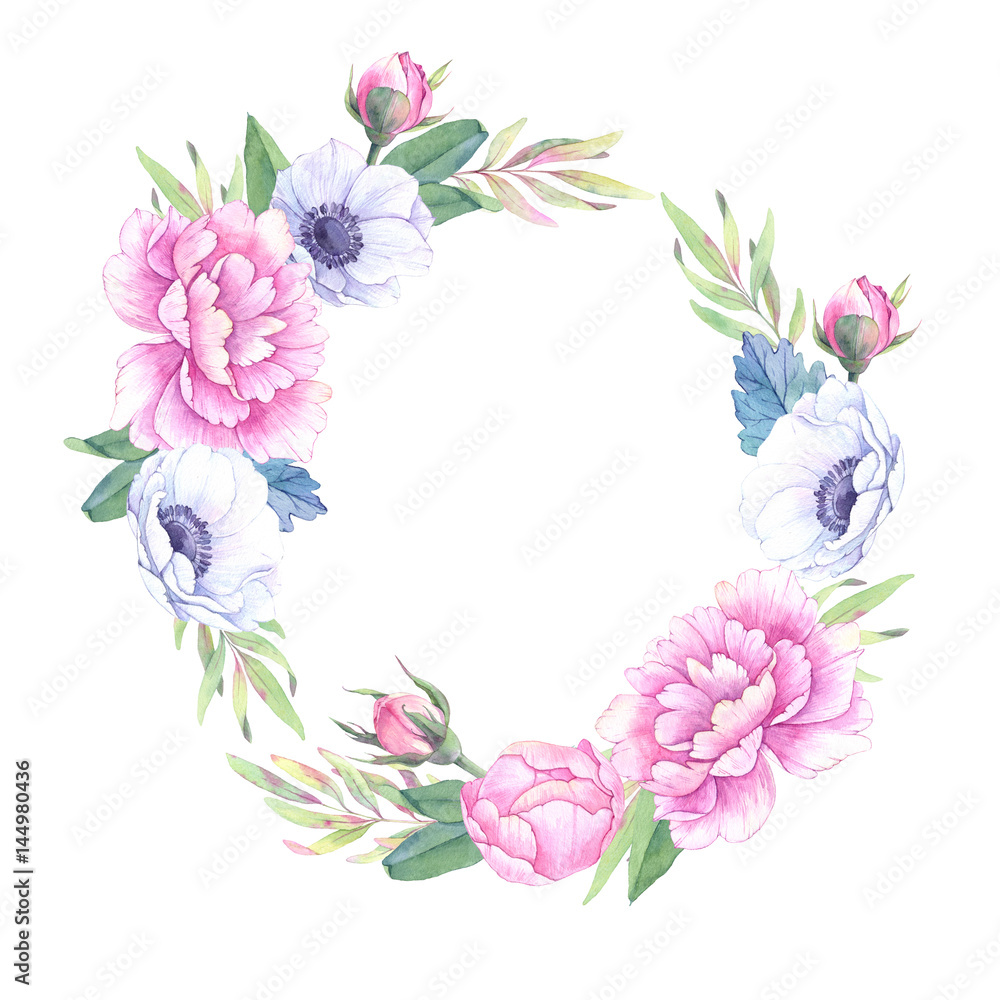 Watercolor illustration. Floral wreath with leaves, peonies and anemones flowers. Perfect for Wedding invitation or greeting card. Ready to use card. Save the date.