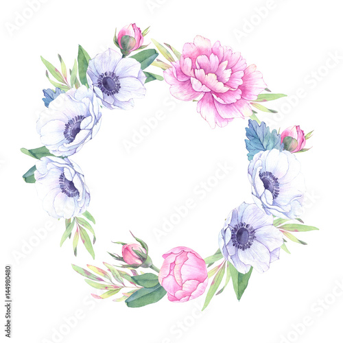 Fototapeta Naklejka Na Ścianę i Meble -  Watercolor illustration. Floral wreath with leaves, peonies and anemones flowers. Perfect for Wedding invitation or greeting card. Ready to use card. Save the date.
