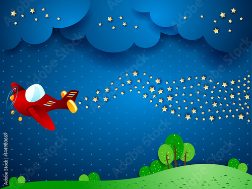 Surreal night with airplane and wave of stars