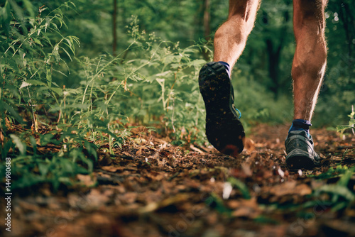 Fototapeta Muscular calves of a fit male jogger training for cross country forest trail race in nature park