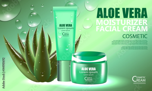 Luxury cosmetic Bottle package skin care cream, aloe vera moisturizer facial gel, Beauty cosmetic product poster, with bokeh and water drop background
