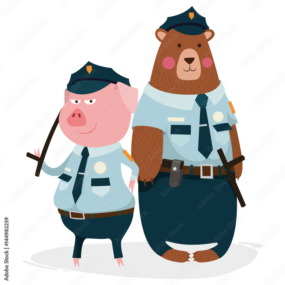 Bear, pig, policeman, character, buddies, vector Stock Vector