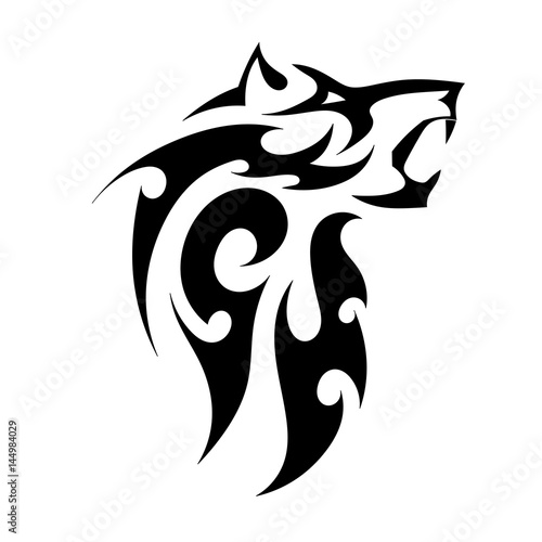 Abstract vector tattoo of a strong wolf on a white background. Angry beast bared fangs. Stock illustration
