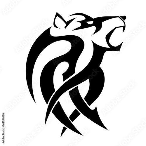 Vector tattoo of a wicked strong wolf on a white background. Angry beast bared fangs. Stock illustration
