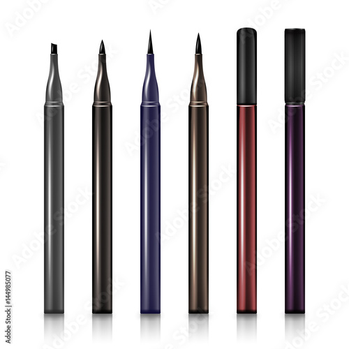 Set Cosmetic Makeup Eyeliner Pencil Vector. Modern Makeup Realistic Pencils with without Cap Isolated on White Background