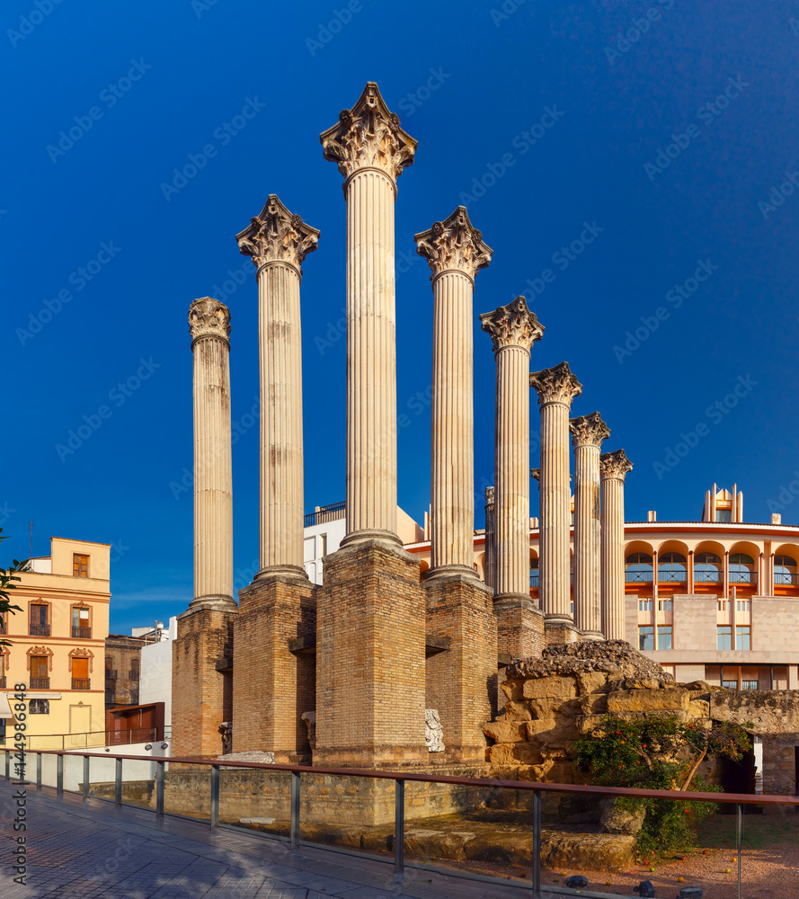 Roman columns of the temple in th sunny day, Cordoba, Andalusia, Spain