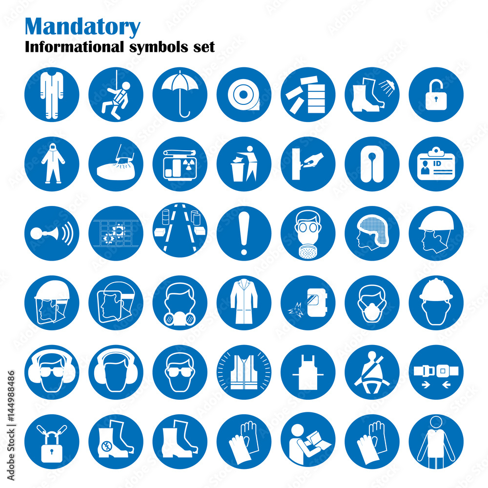 Set of safety and health protection signs. Mandatory construction and industry signs. Collection of safety equipment. Protection on work. Vector illustration Set of safety and health protection signs. Mandatory construction and industry signs. Collection of safety equipment. Protection on work. Vector illustration
