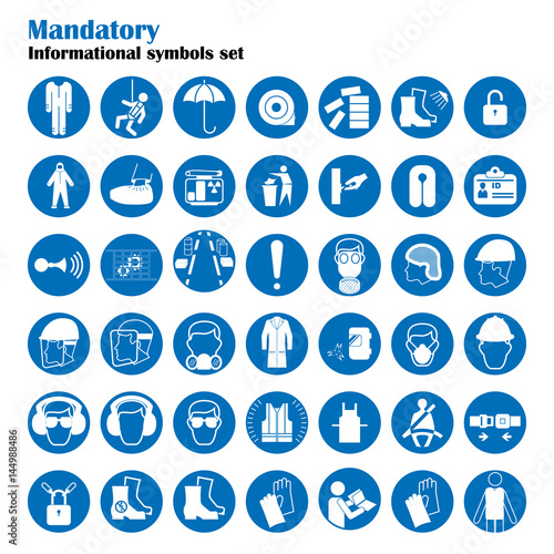 Set of safety and health protection signs. Mandatory construction and industry signs. Collection of safety equipment. Protection on work. Vector illustration