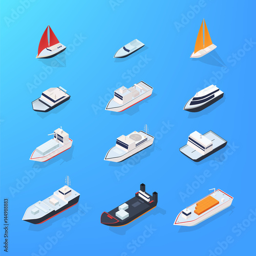 Set of different ship, motorboat, sailing, yacht, passenger, merchant, vessel. Colorful isometric illustration collection.
