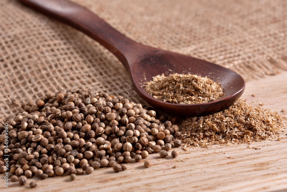 Herbs and spices - dried coriander seeds, close-up.