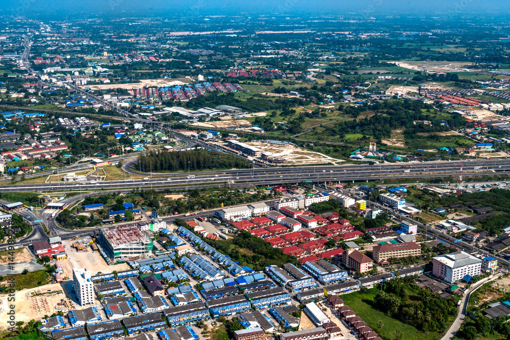 Industrial estate and residential area aerial view