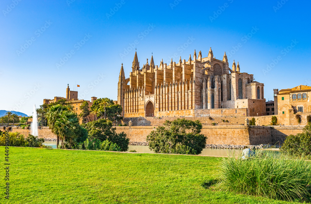 Spain Palma de Majorca view of the historical landmark Cathedral La Seu