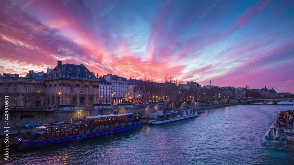 sunset sky paris famous seine river bridge of arts riverside panorama 4k time lapse france
