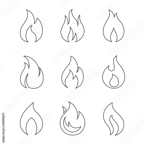 Burning fire outline icons on white background