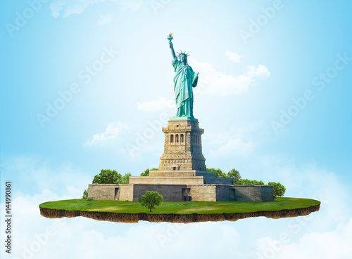 3d illustration of a soil slice, USA travel, The Statue of Liberty on white background