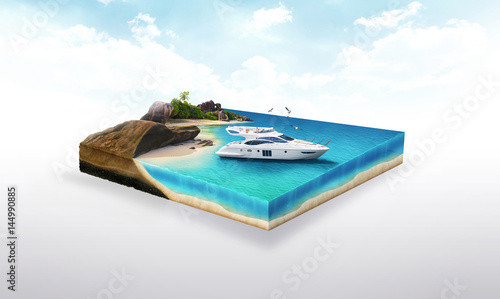 3d illustration of a soil slice, Yacht on the beach, ocean traveling  isolated on white background