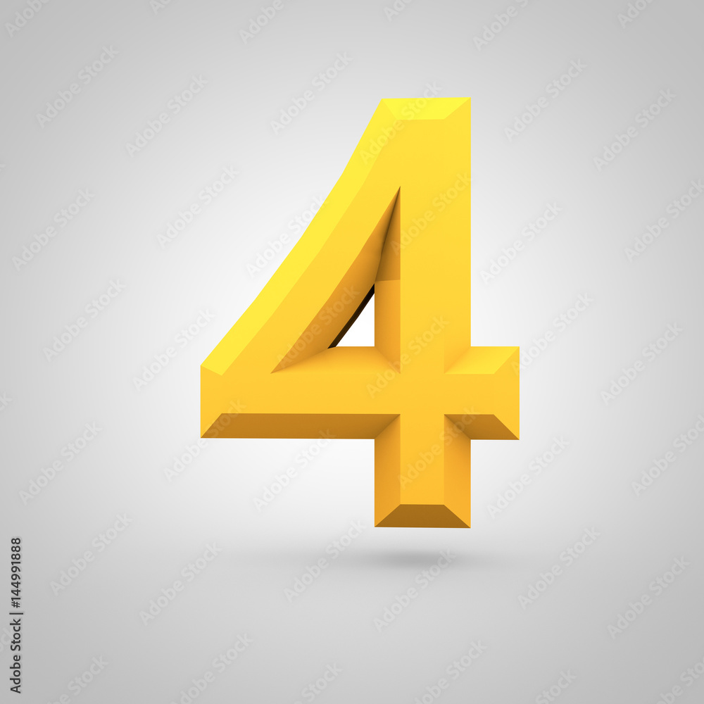 Fototapeta premium Yellow low poly alphabet number 4 isolated on white background.