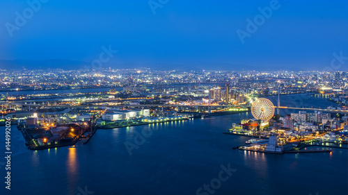 Port of Osaka,night view of Osaka bay in twilight ,travel destination and famous place in Kansai area ,Japan