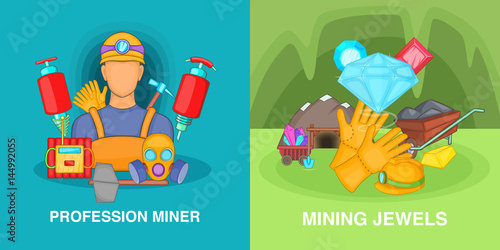 Professional miner banner set, cartoon style