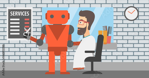 Robot barber making haircut to a hipster man.