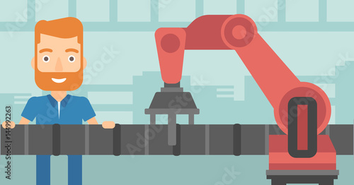Refinery worker and robotic arm repairing pipeline