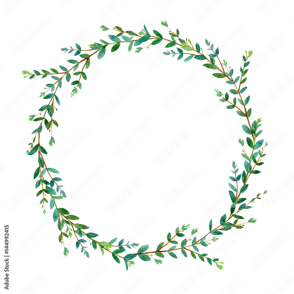 Floral wreath.Garland of a eucalyptus branches.Frame of a herbs.Watercolor hand drawn illustration.It can be used for greeting cards, posters, wedding cards.