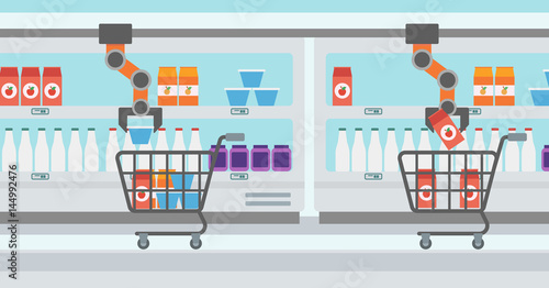 Robotic arm putting groceries in shopping trolley.