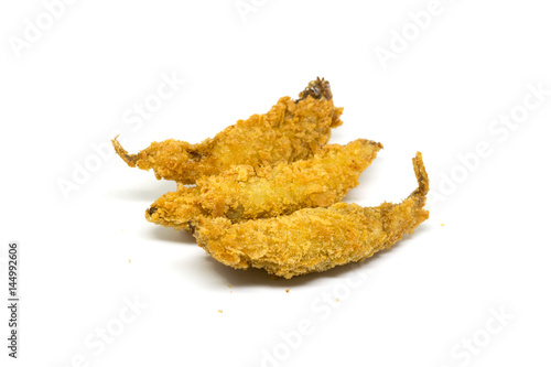 Batter fried fish in egg isolated on white background