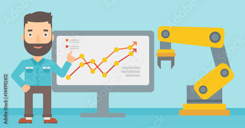 Businessman and robot giving business presentation