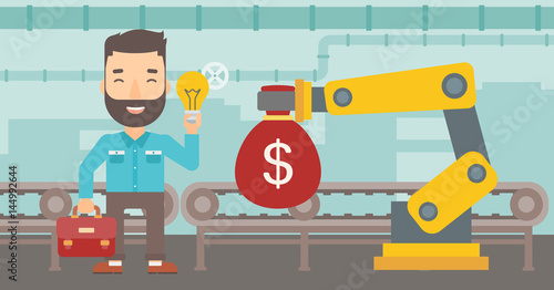 Man selling idea of engineering of robotic hand.