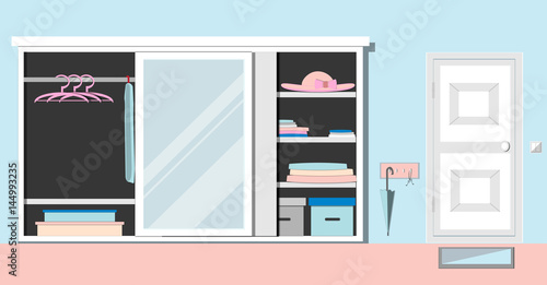 Modern hall interior with furniture, wardrobe, umbrella stand and white door.