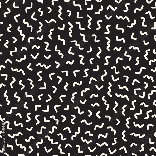 Scattered Geometric Line Shapes. Abstract Background Design. Vector Seamless Black and White Pattern.