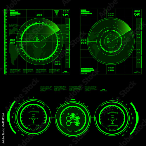 Green radar screen on black background, HUD interface