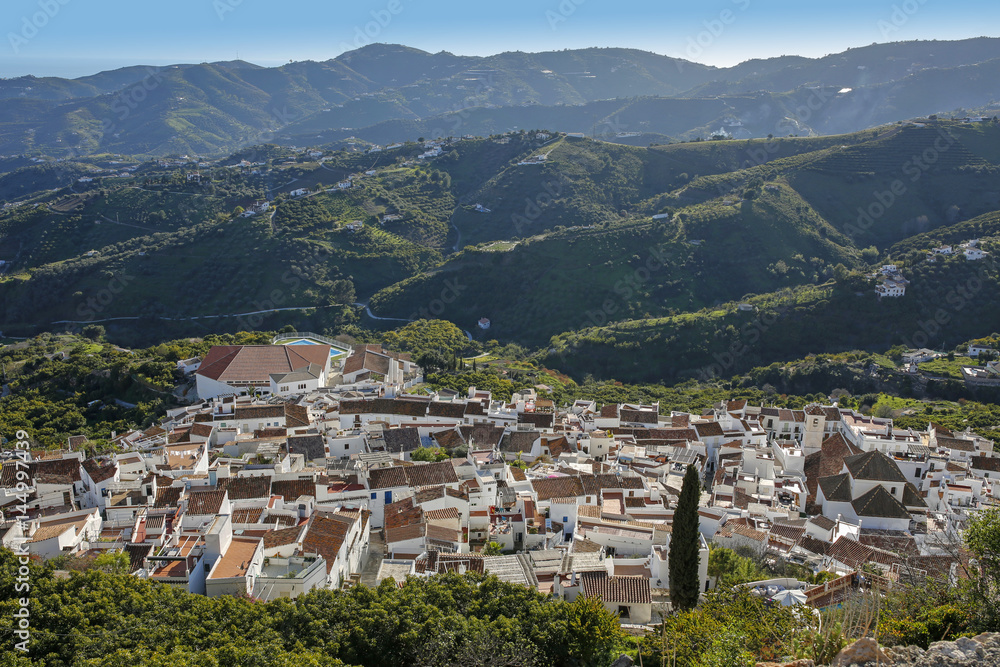 panoramic view  of Frigiliana- one of the beautiful spanish pueblos blancos in Andalusia, Costa del Sol, Spain
