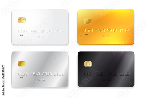 Set of credit card, white, gold, silver and black realistic mockup. Vector illustration. Isolated on white background.