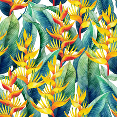 Fototapete Tropische Paradiesblumen-Muster Aquarell Heliconia Tropenblüten Muster  © Ekaterina Glazkova